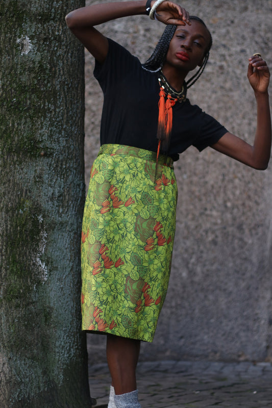 Vintage Handmade Green and Orange Floral Print Knee-Length Skirt Size Medium