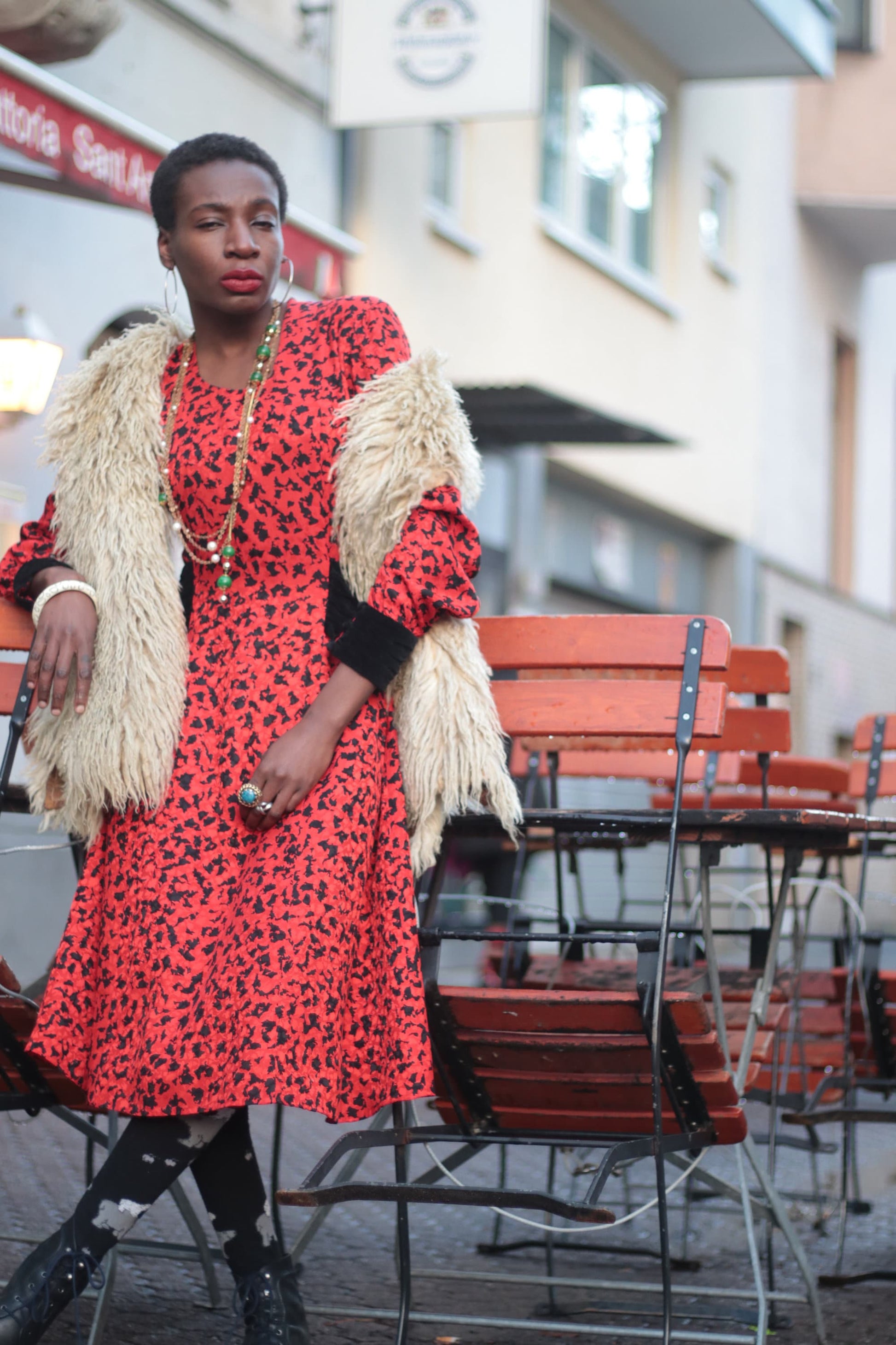 70s Jean Clement Paris Dress| Vintage Red quirky print midi dress with statement details| Maximalist party dress