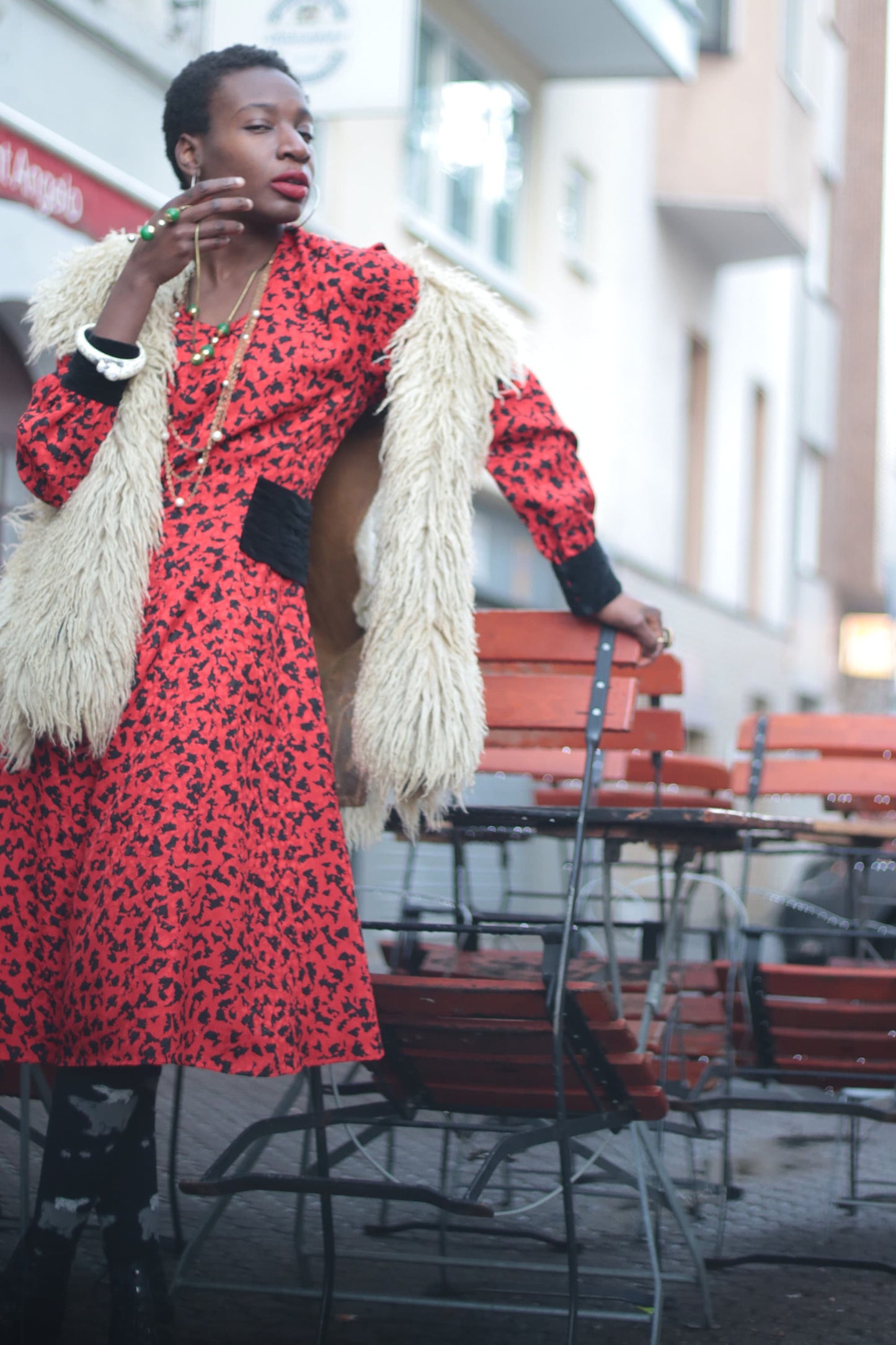 70s Jean Clement Paris Dress| Vintage Red quirky print midi dress with statement details| Maximalist party dress