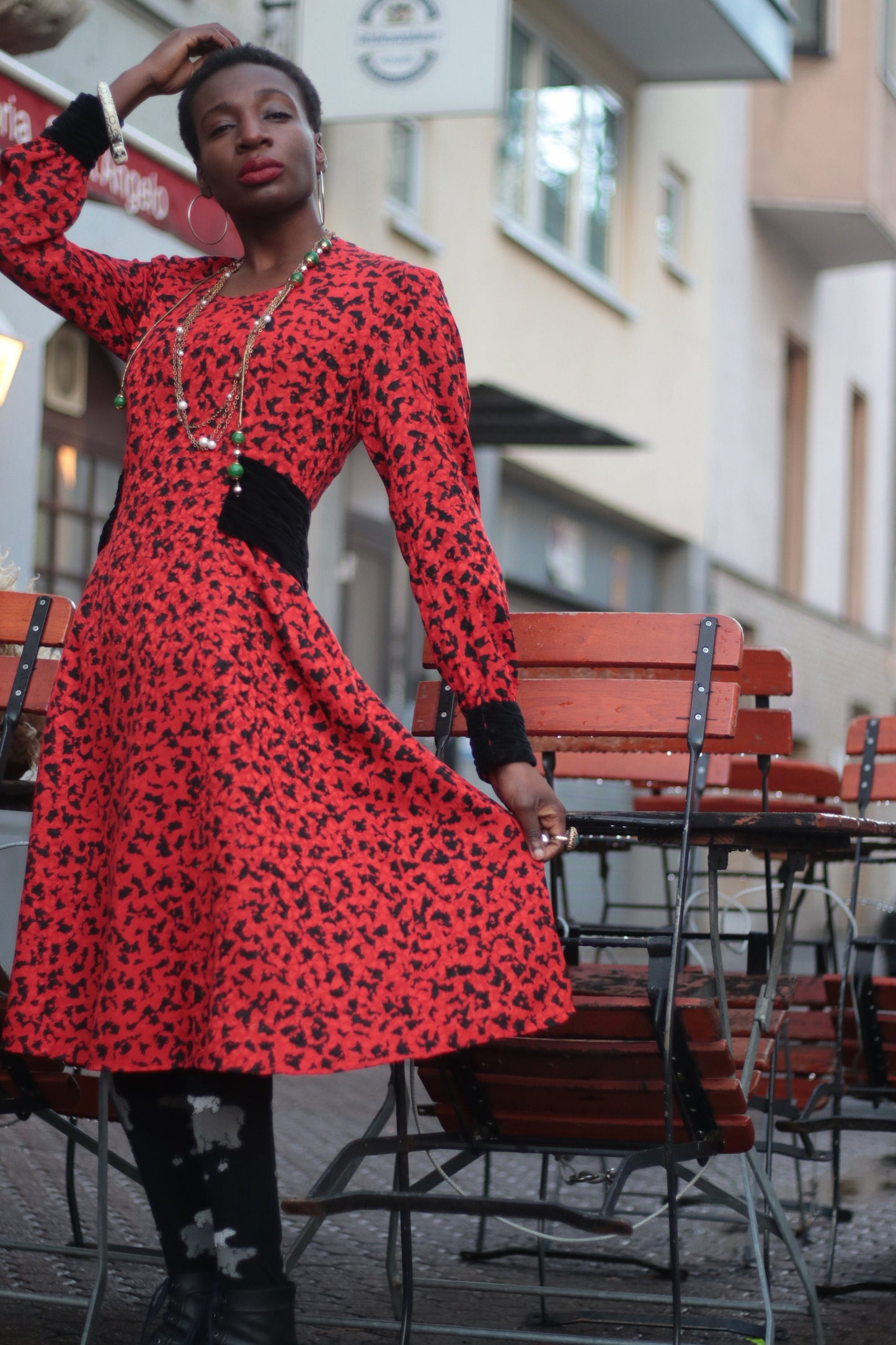 70s Jean Clement Paris Dress| Vintage Red quirky print midi dress with statement details| Maximalist party dress