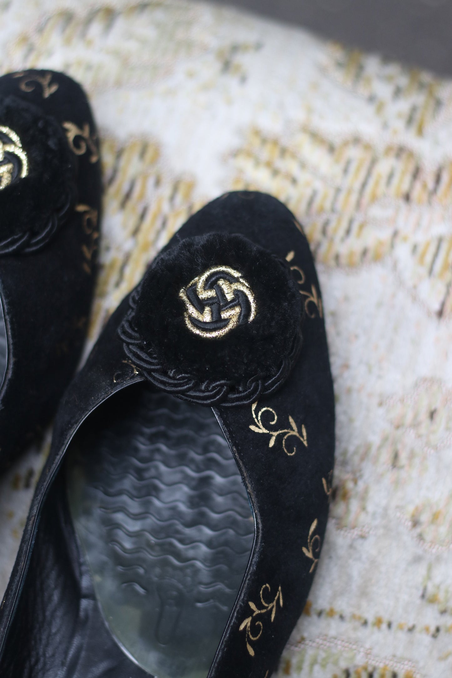 80s Pensato Opulent Wegdes| Vintage Fernando Pensato Shoes| Italian Design Black and Gold Opulent shoes