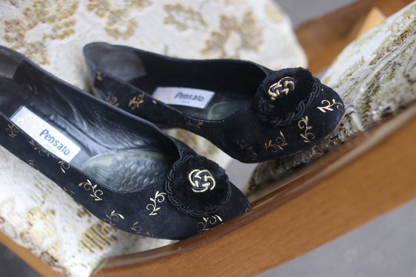 80s Pensato Opulent Wegdes| Vintage Fernando Pensato Shoes| Italian Design Black and Gold Opulent shoes