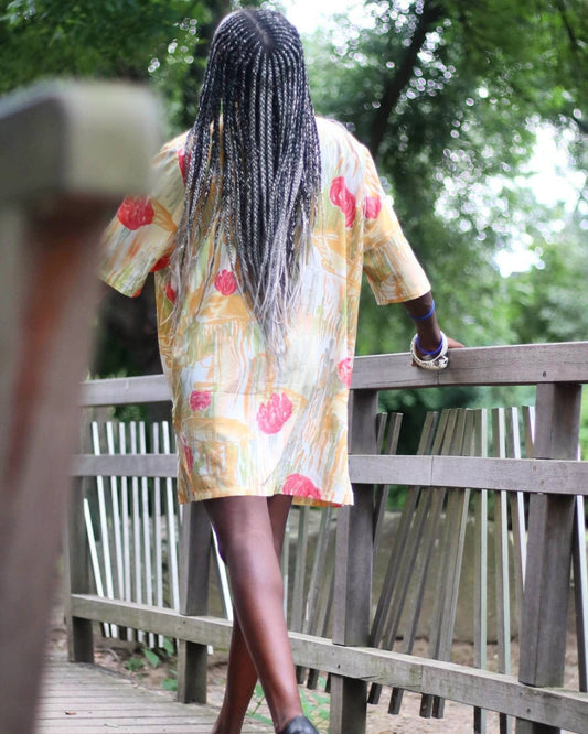 90s oversized floral print Blouse or mini dress| Abstract print tunic| Summer hipster yellow and red shirt