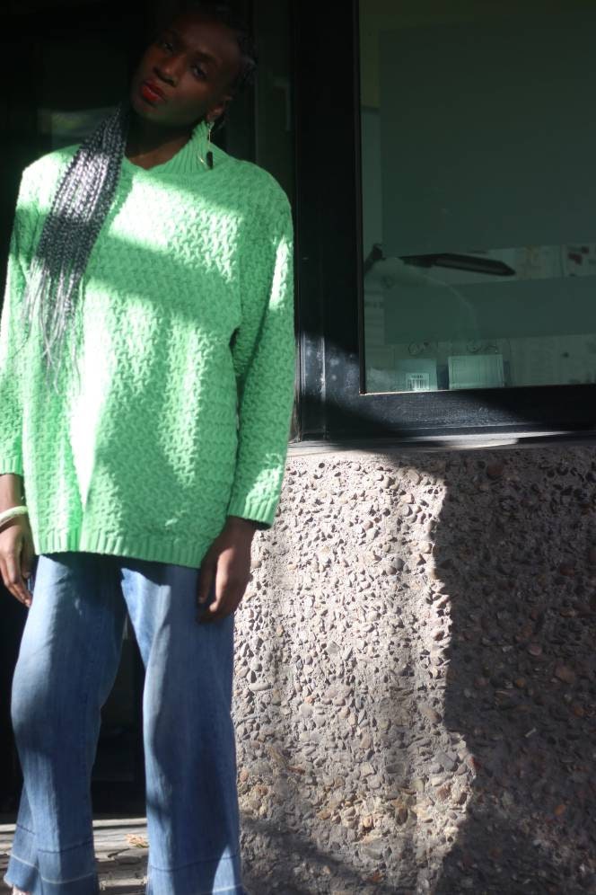 90s Bonita Sweater| Vintage Green Winter Turtleneck Knit| High Neck Minimalist Oversized Jumper.