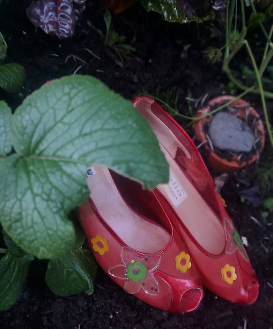 Martello by Hammer Red Slip In Shoes| Vintage Statement Red heels| Floral and sheer flats floral