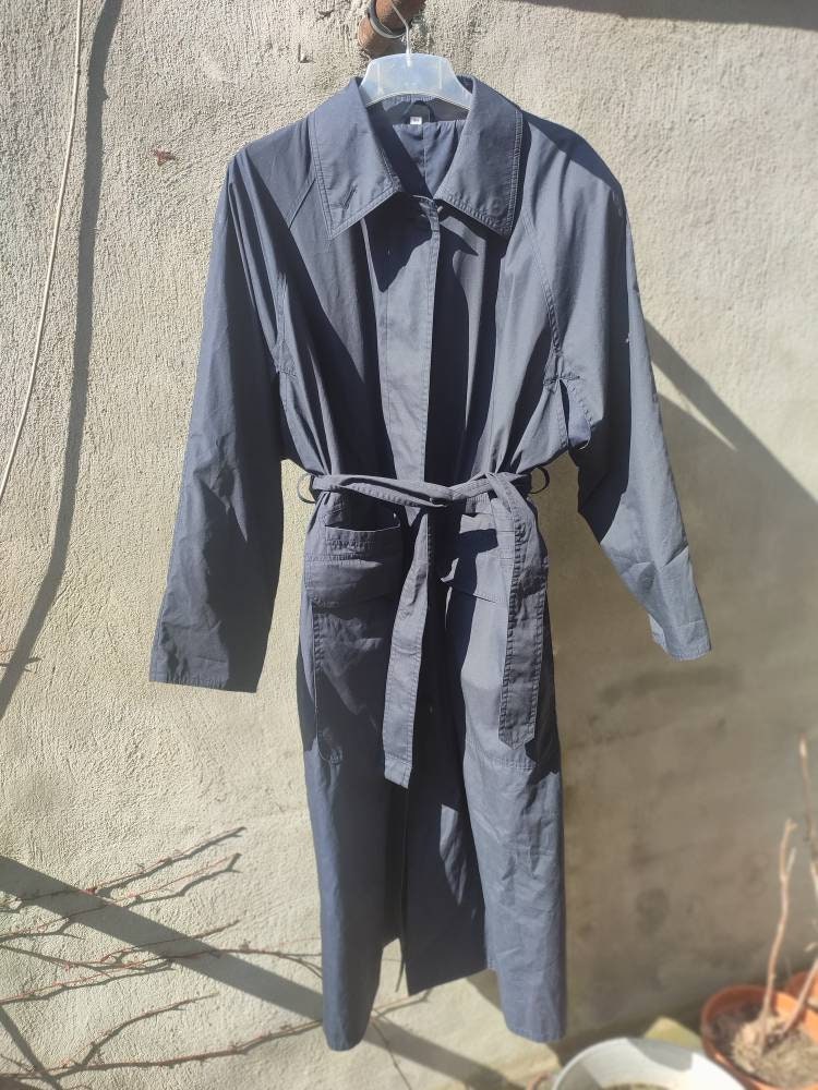 80s Unisex Trenchcoat in Blue | Vintage Classic Navy Trenchcoat| Lightweight Minimalist Spring Coat Monochrome Cool