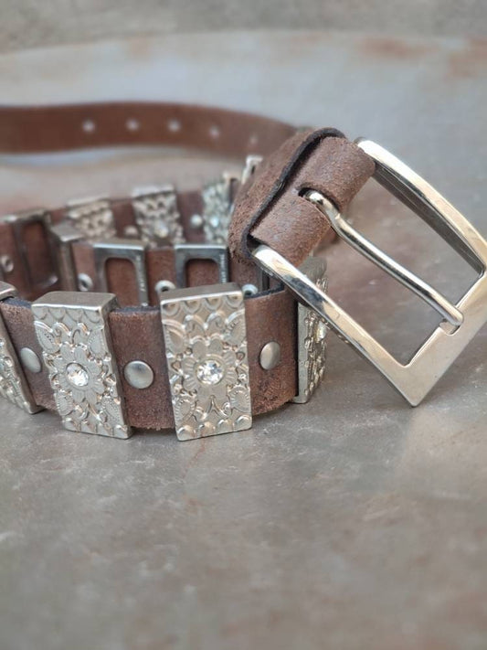 Vintage Brown Belt with Silver Studs| Made in Italy Statement Belt