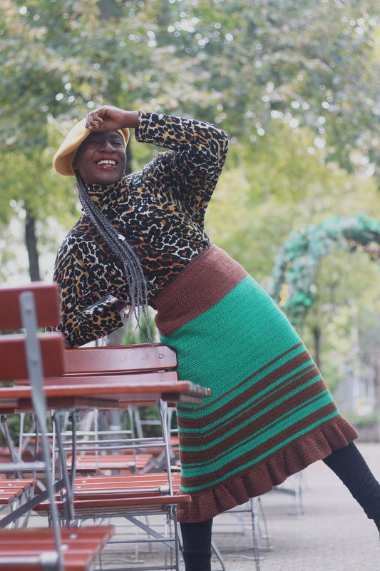 Vintage Green Knitted Skirt 70s handmade skirt in brown and green with striped motif