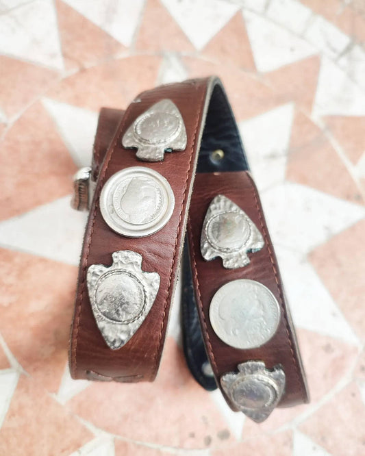 Vintage Americana inspired leather belt| 90s Stockerpoint Western brown leather belt with silver colored details