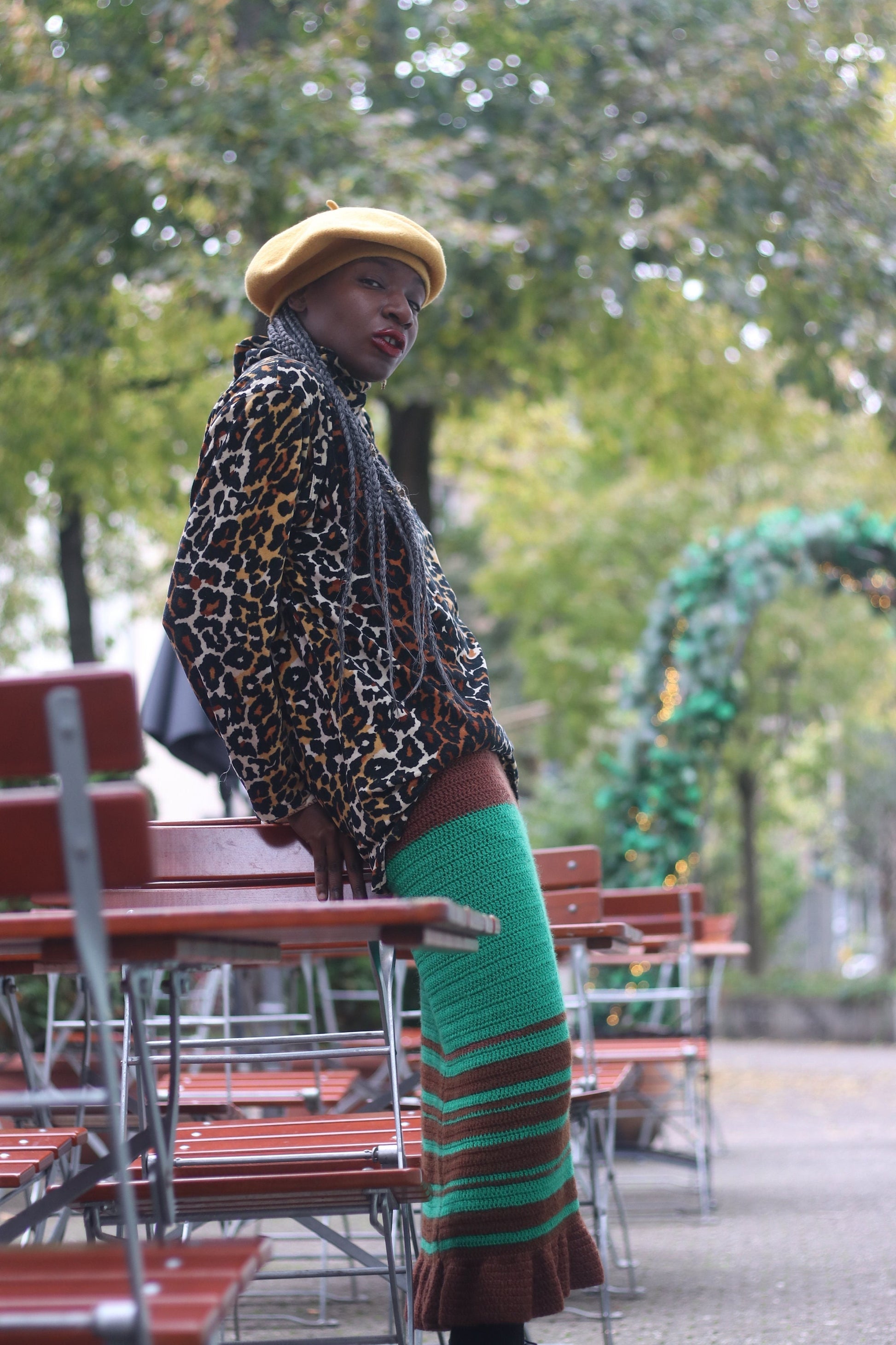 Vintage Green Knitted Skirt 70s handmade skirt in brown and green with striped motif