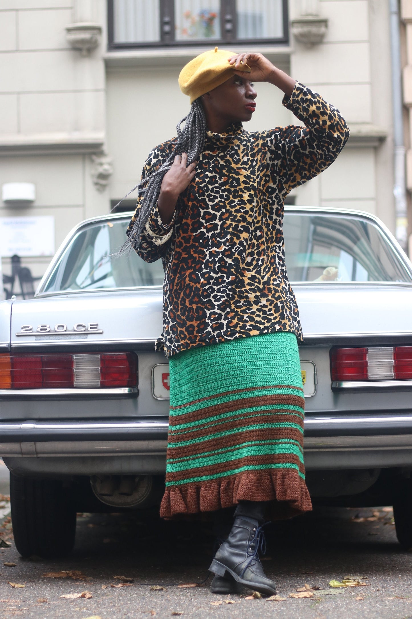 Vintage Green Knitted Skirt 70s handmade skirt in brown and green with striped motif