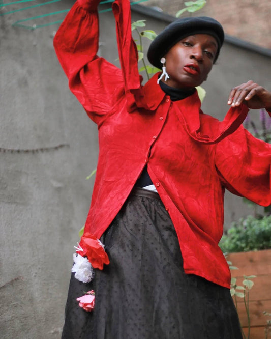 Vintage Aquascutum of London Red Blouse | Silk Festive Buttoned down shirt with tie and floral print