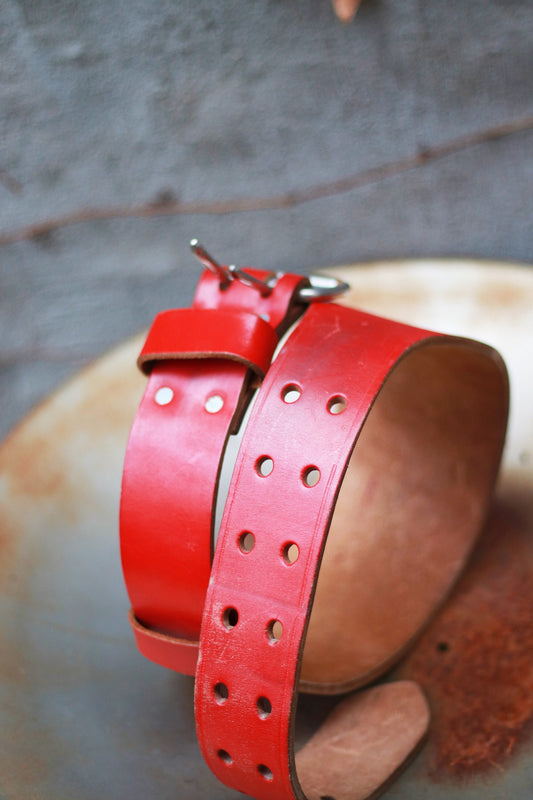 Vintage Leather Oversized Belt | Red statement waist belt