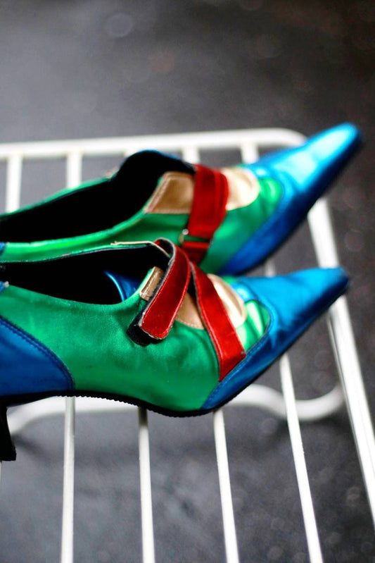 Vintage Andrea Conti Booties| 80s bold leather ankle boots| Blue, Green and Yellow pointed toe shoes