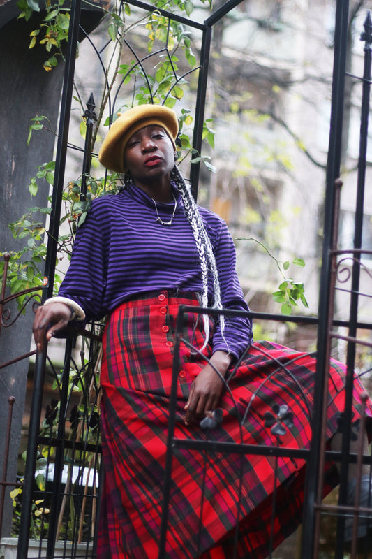 80s Bianca Wool Skirt| Vintage red and black pleated checkered skirt | Preppy plaid over the knee design