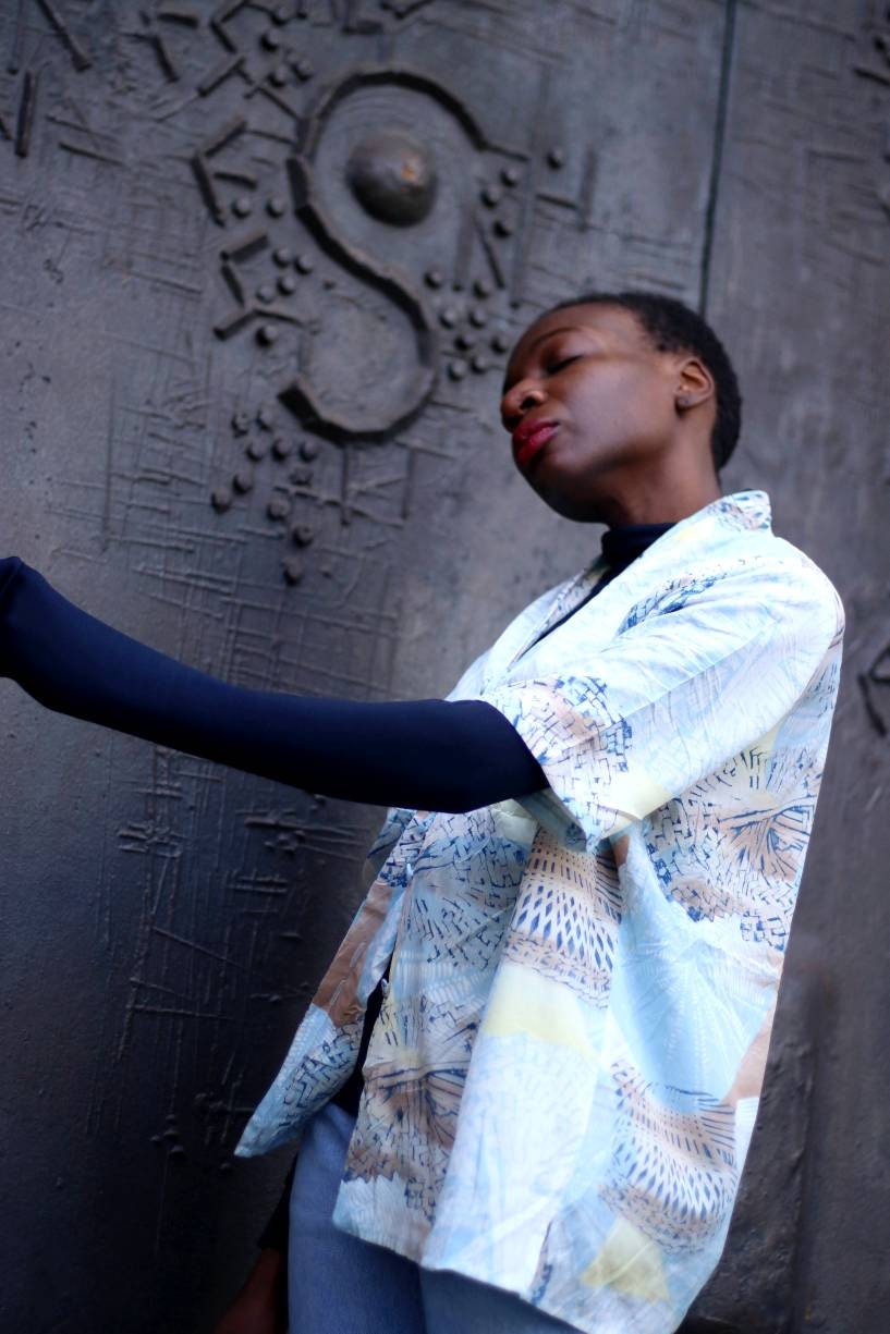 Vintage Paris Devernois Blouse| 90s abstract print blouse in blue and grey| Maximalist buttoned down shirt