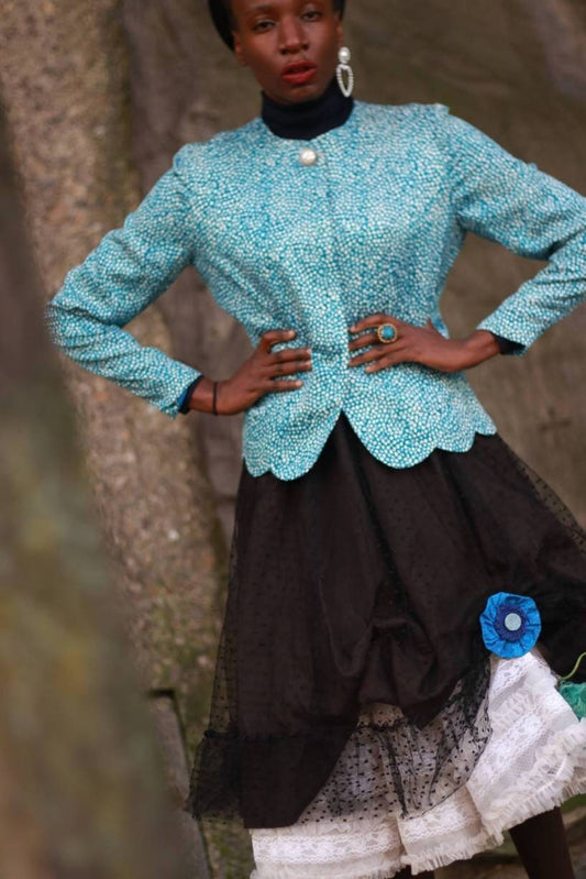 Anne Crimmins For Umi Collections| Vintage Silk Evening Jacket in blue and white with Scalloped hemline