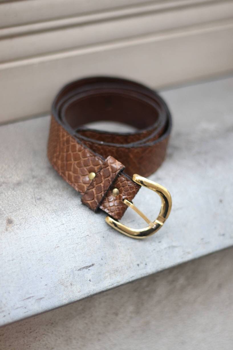 Vintage Brown Faux exotic skin belt | Y2k brown minimalist belt with gold colored buckle