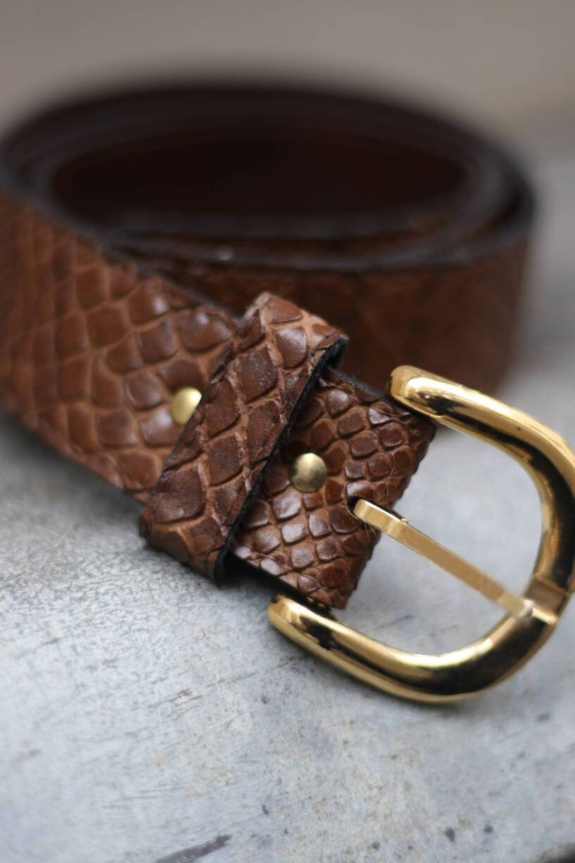 Vintage Brown Faux exotic skin belt | Y2k brown minimalist belt with gold colored buckle