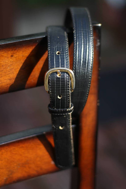 90s black leather belt| Vintage lizard grain belt