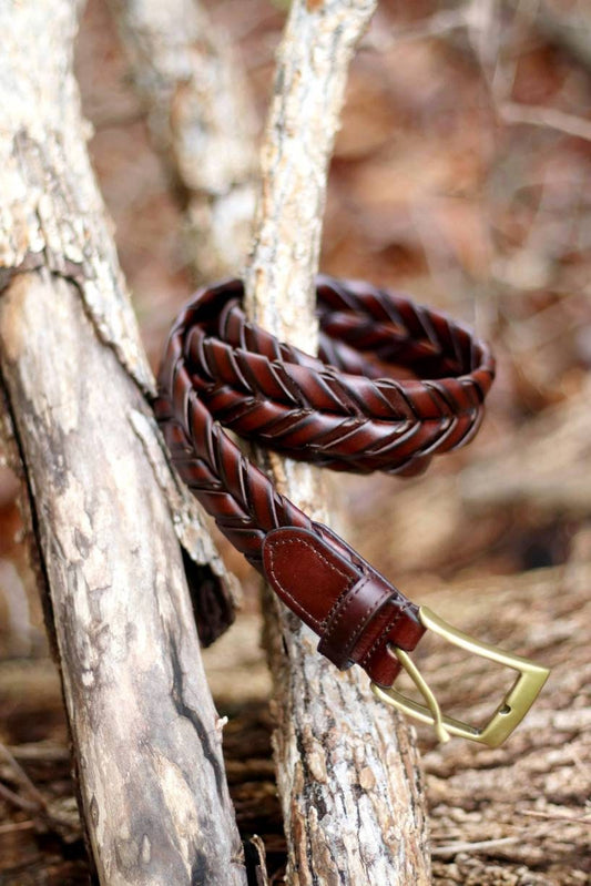 Vintage classic brown belt with gold colored buckle| Minimalist 90s leather woven acessory