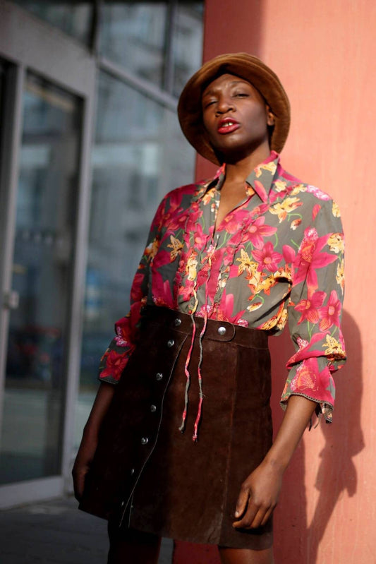 Vintage BiBA floral print ruffled blouse | Bohemian Red lace-up blouse