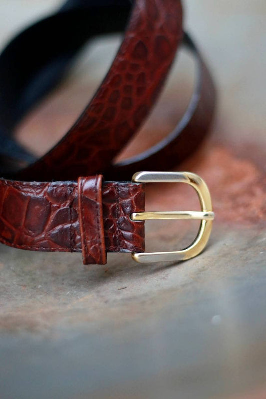 Vintage Leather belt with faux exotic finish| Brown Chic leather accessory