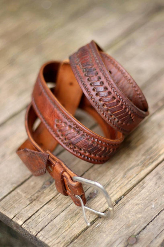 70s leather belt| Vintage brown handmade belt with woven details