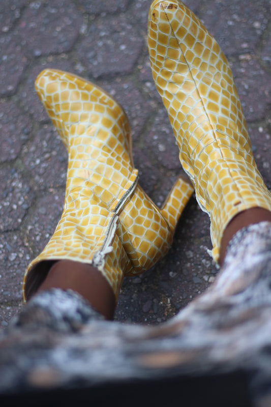 y2k yellow boots | Faux leather shoes| Fashionable Statement Shoes | Minimalist Avantgarde heeled boots