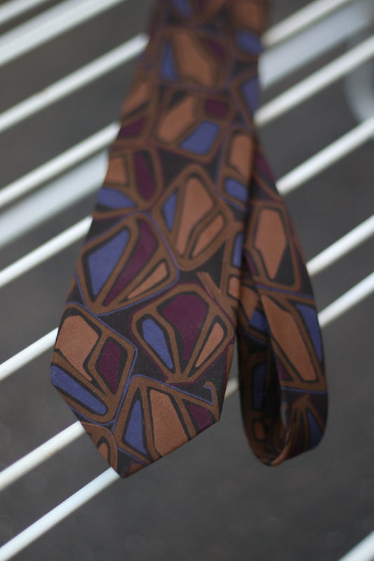 90s abstract print silk tie Vintage brown necktie Formal wear accessory Menswear for work