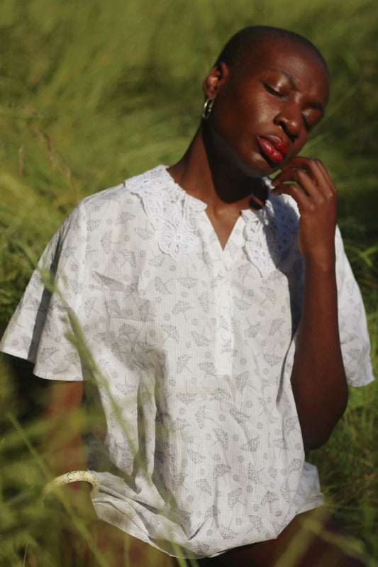 90s Feraud Paris Summer Blouse| Vintage White Blouse with blue umbrella print | Statement collar shirt