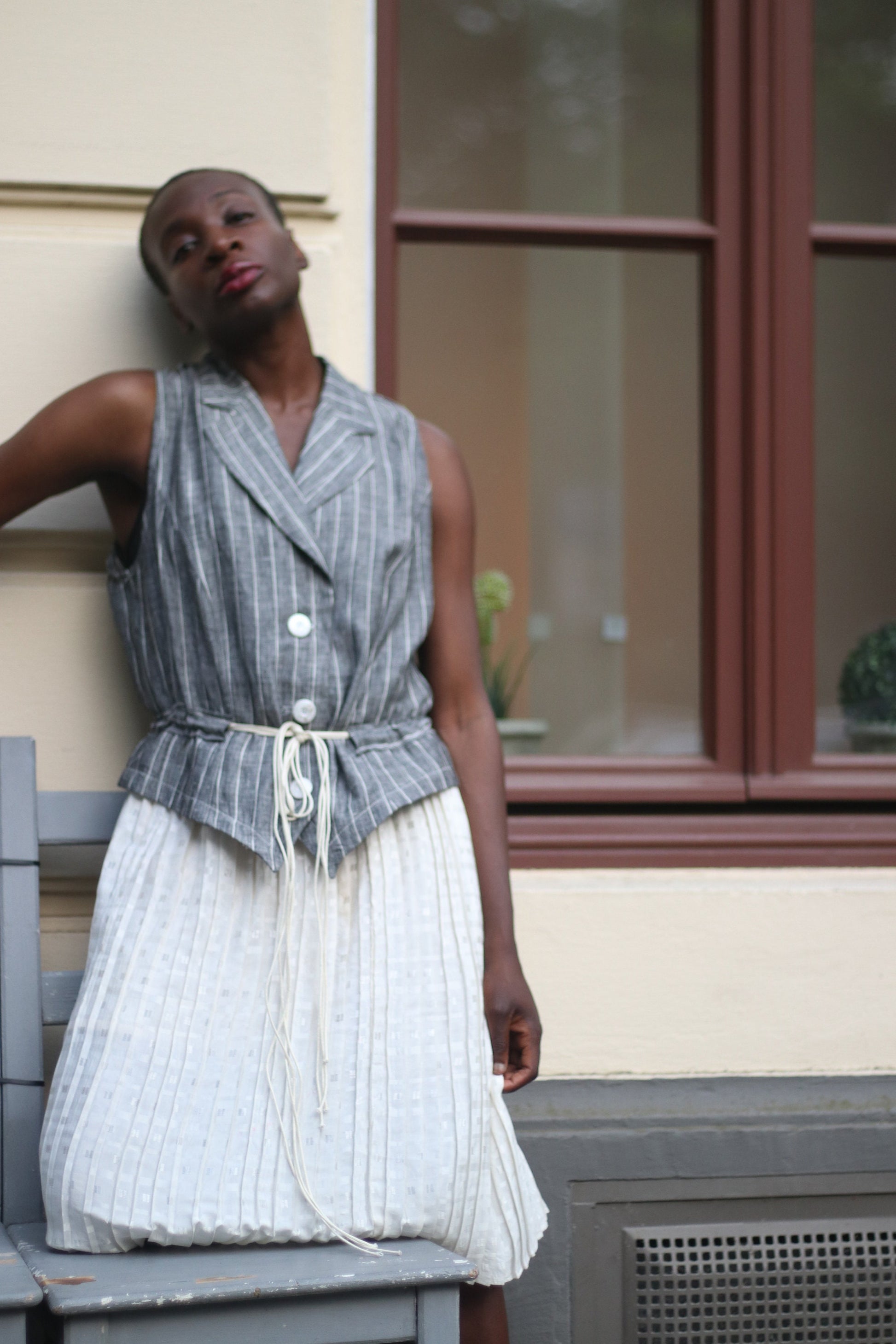 Vintage Linen Blouse| Striped Grey Summer Shirt | Véchy Sleeveless Minimalist Blouse |Capsule Wardrobe Shirt