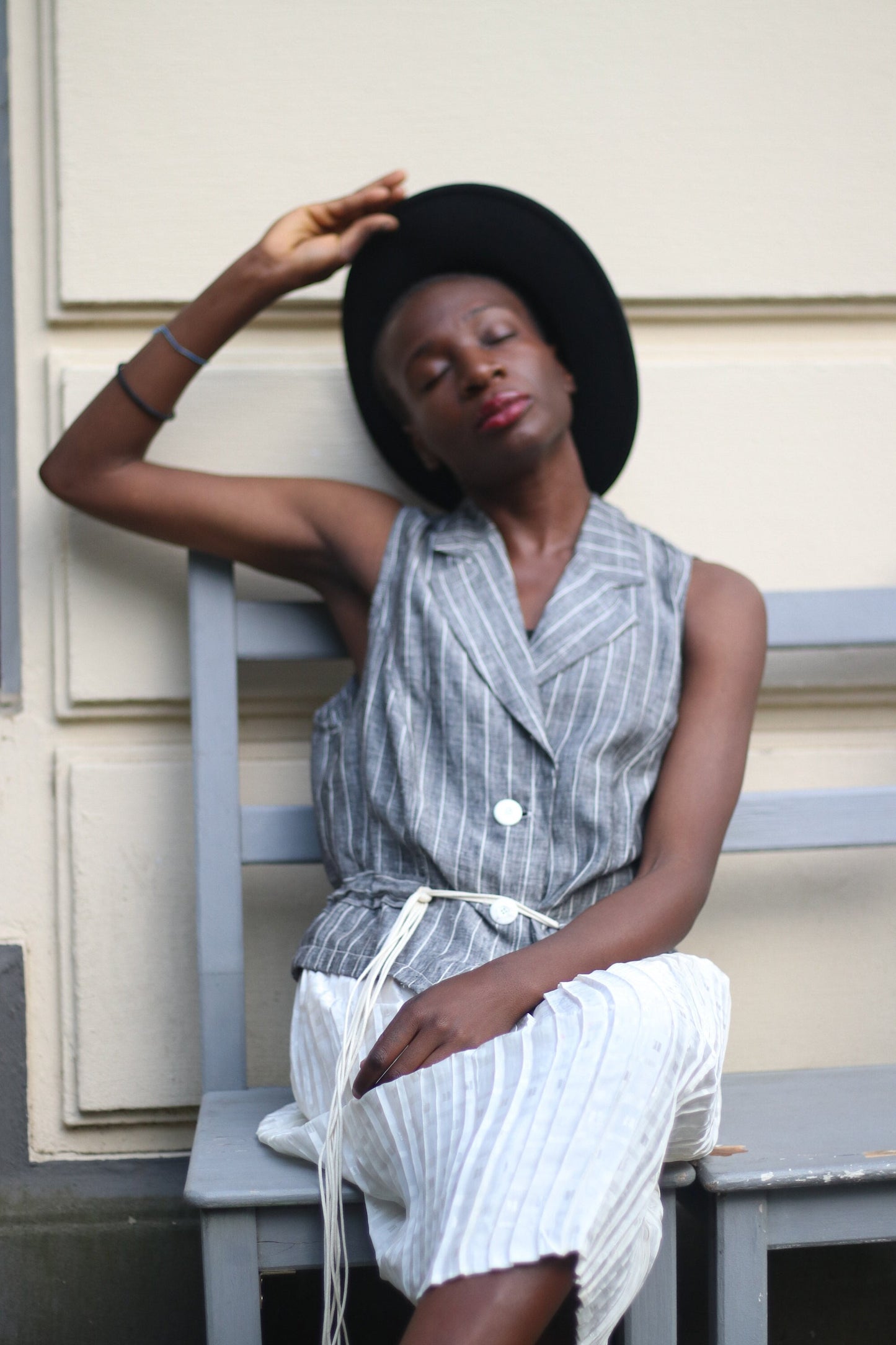 Vintage Linen Blouse| Striped Grey Summer Shirt | Véchy Sleeveless Minimalist Blouse |Capsule Wardrobe Shirt