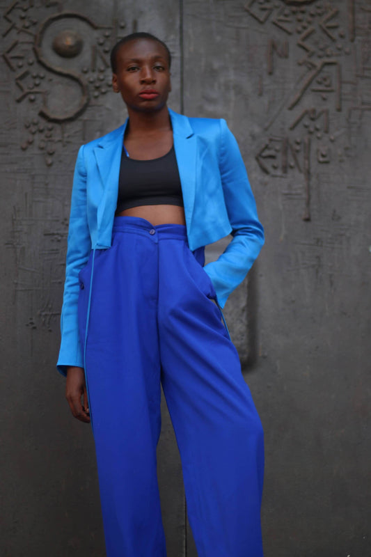 80s Krizia Trousers| Vintage High waisted blue pants| Statement Tailored Wool Pants| Minimalist Workwear Design