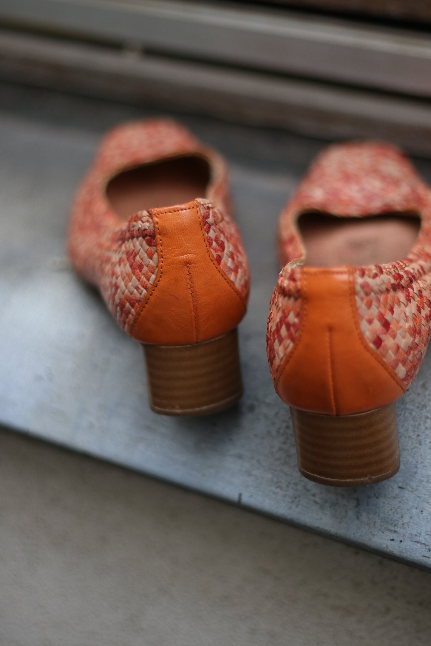 Vintage Gabor Heels| 80s Leather Woven Heels | Minimalist red and brown raffia checkered slip in summer shoes