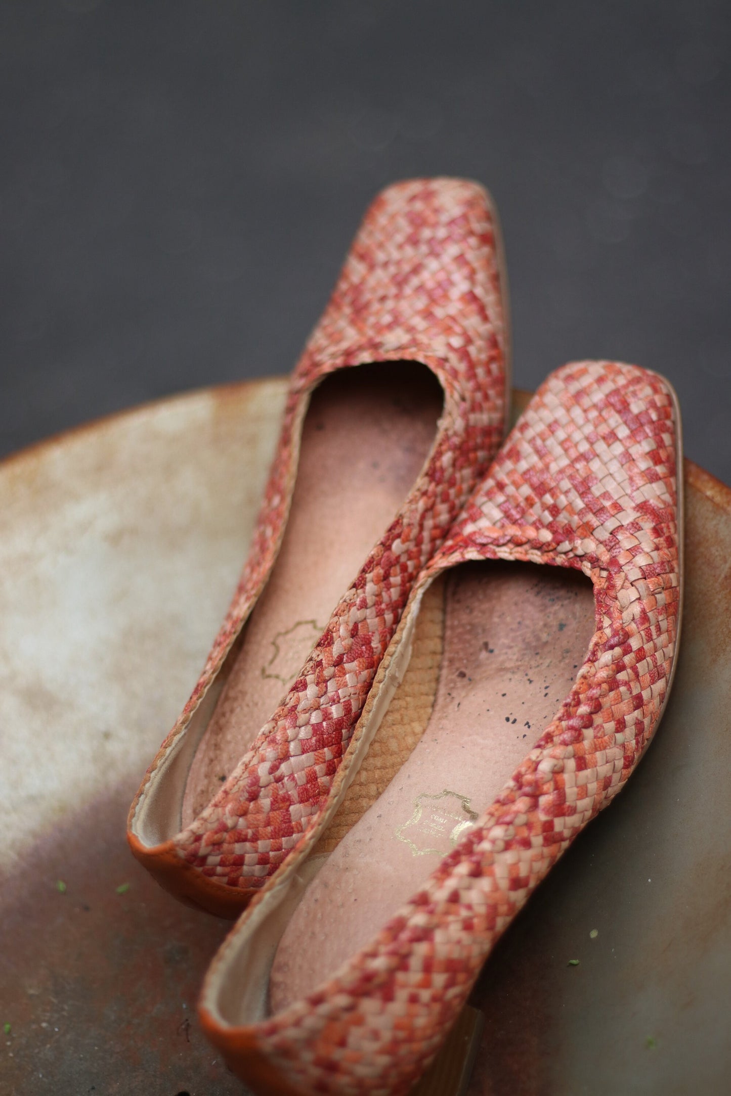 Vintage Gabor Heels| 80s Leather Woven Heels | Minimalist red and brown raffia checkered slip in summer shoes