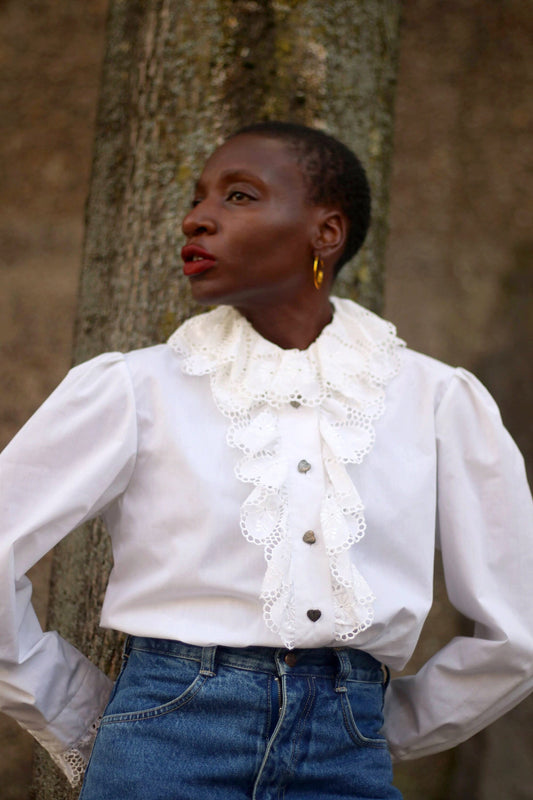 80s cottage core cotton blouse| Vintage feminine white shirt with statement heart collar and oversized collar