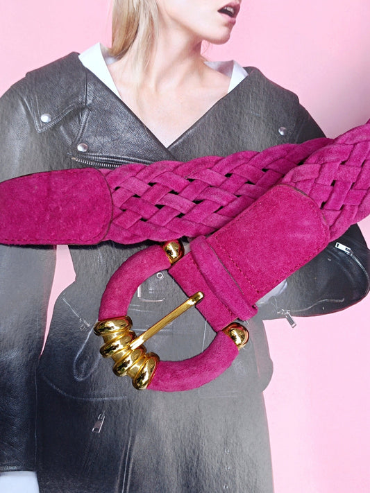 80s Pink Suede Belt | Vintage Patrizia S Statement oversized feminine belt with gold colored details| Maximalist pink accessory