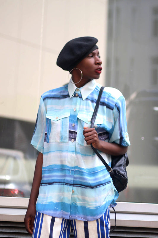 90s avantgarde blouse| Vintage ombre blue short sleeved shirt