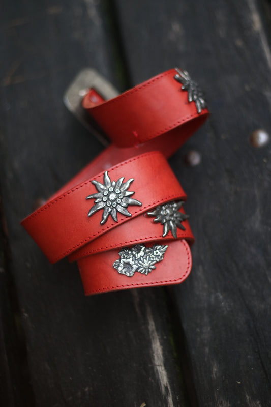 80s Red Leather Belt| Vintage studded bavarian folk belt| Embellished Maximalist belt with star shaped studs