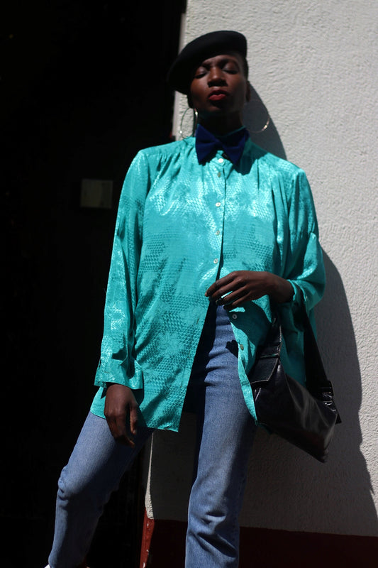 80s Green long sleeved Blouse| Vintage floral print maximalist buttoned down shirt