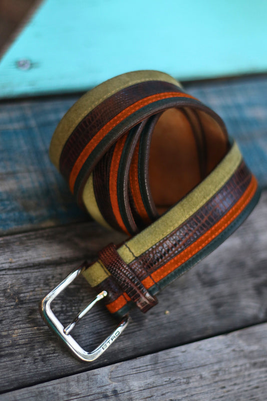 90s Etro Leather Belt | Vintage striped designer belt| Maximalist green and brown belt