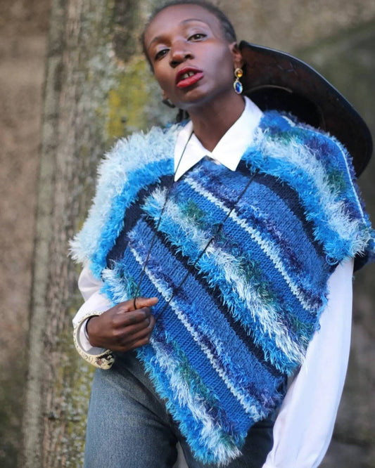 Vintage Textured Blue Poncho | 90s Shaggy Kitsch Poncho