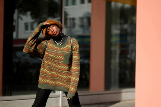 Vintage Jean Pascale Sweater| 90s unisex mustard knit| Chevron Crazy Print jumper