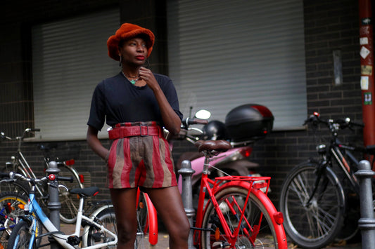 70s red suede shorts| Vintage striped retro maximalist leather shorts| Bohemian unique short pants