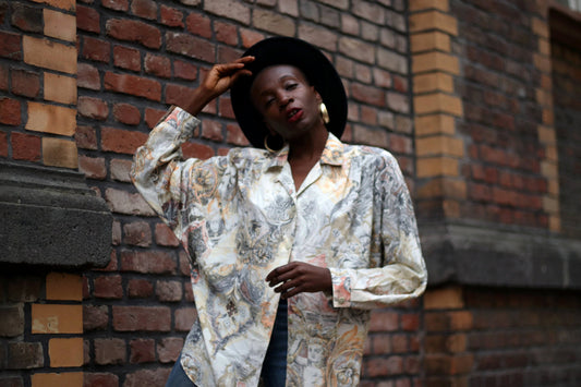 80s crazy print blouse| Vintage Cream and brown Buttoned Down Shirt