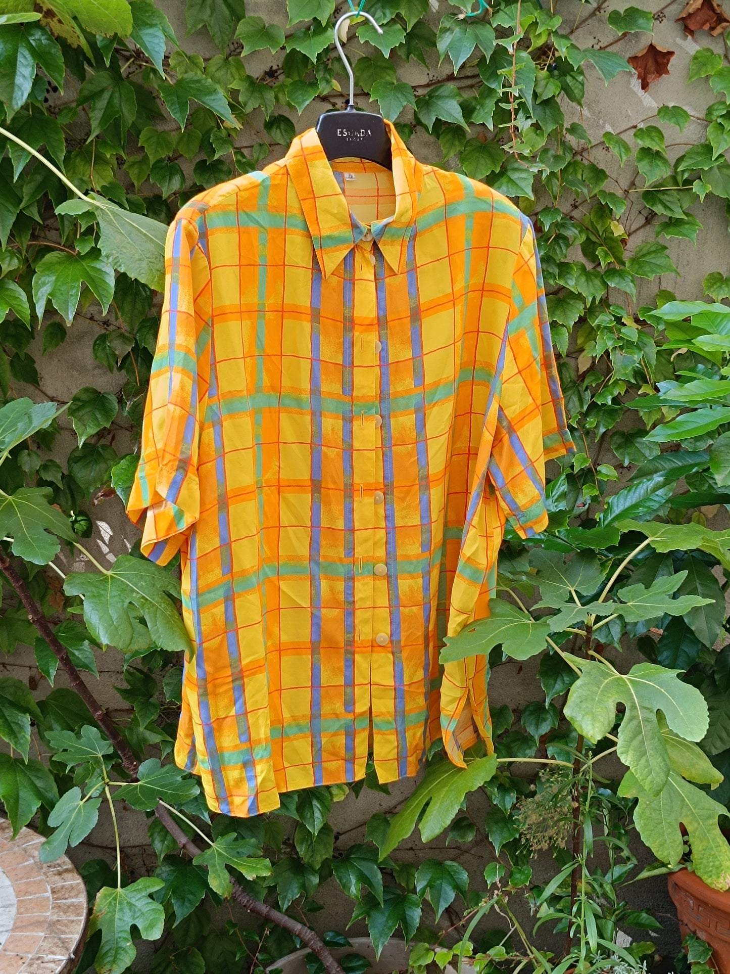 80s plaid blouse| Vintage yellow and green checkered shirt| Maximalist short sleeved unisex summer shirt