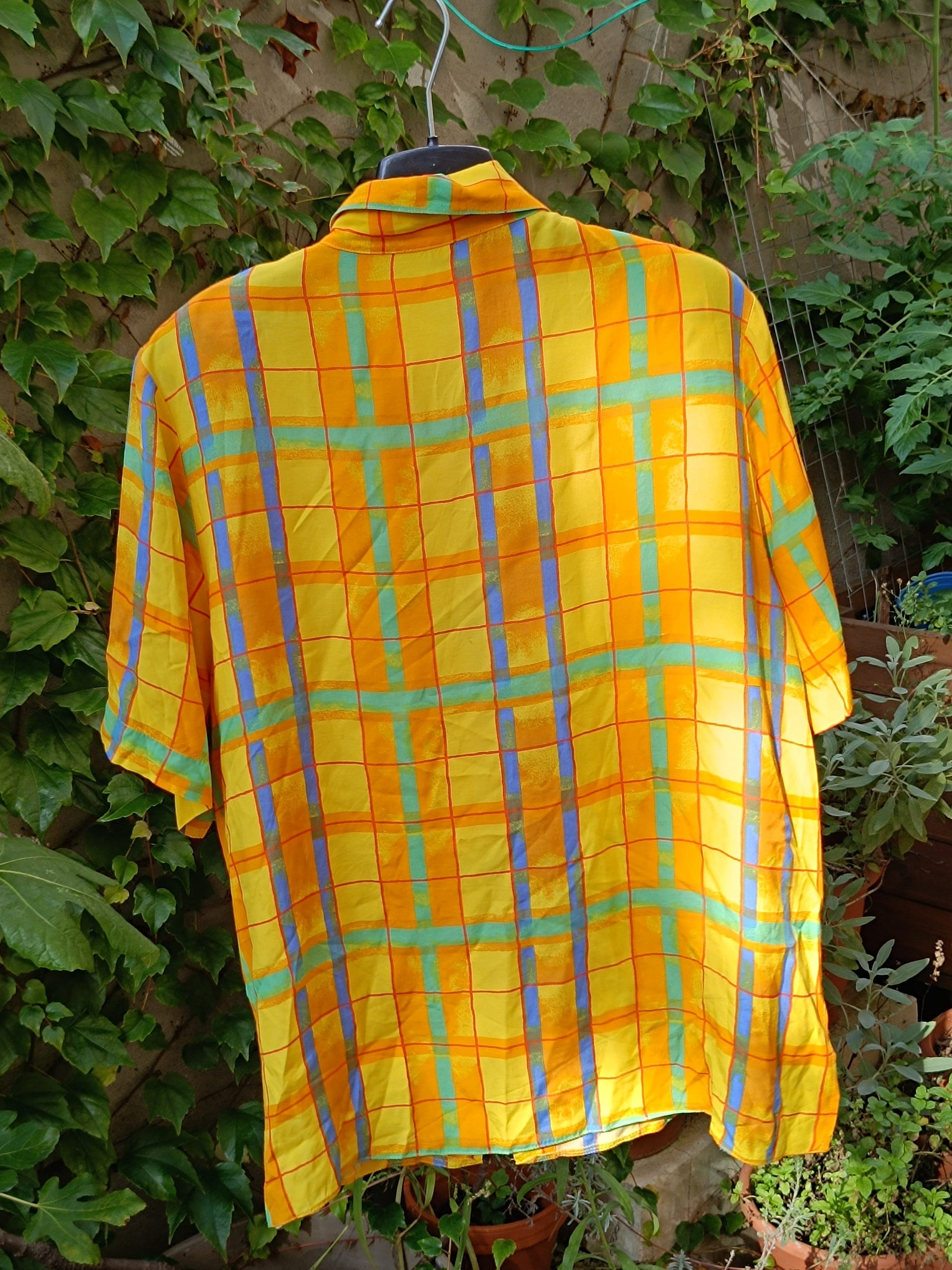 80s plaid blouse| Vintage yellow and green checkered shirt| Maximalist short sleeved unisex summer shirt