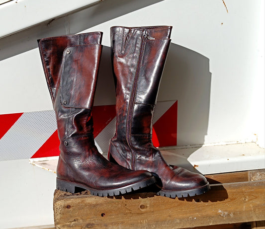 90s Grunge Leather Boots | Vintage red and black knee length boots| Punk inspired tough luxe minimalist shoes size EU 39