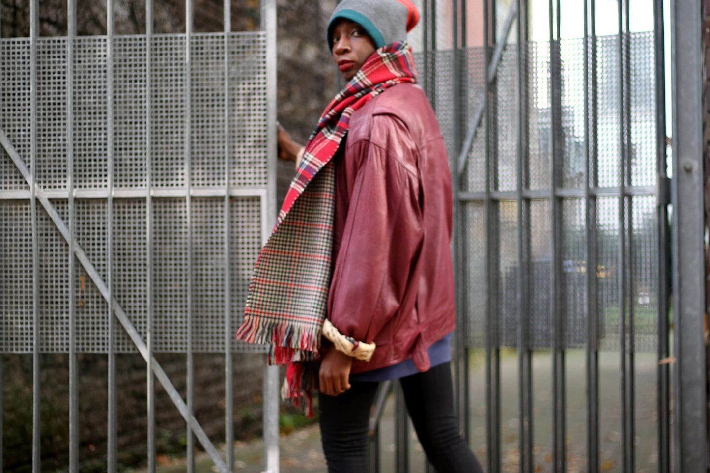 80s Leather Jacket | Vintage Women's Biker Coat| Red Newspaper print Jacket | Street wear Winter Leather Coat for Men